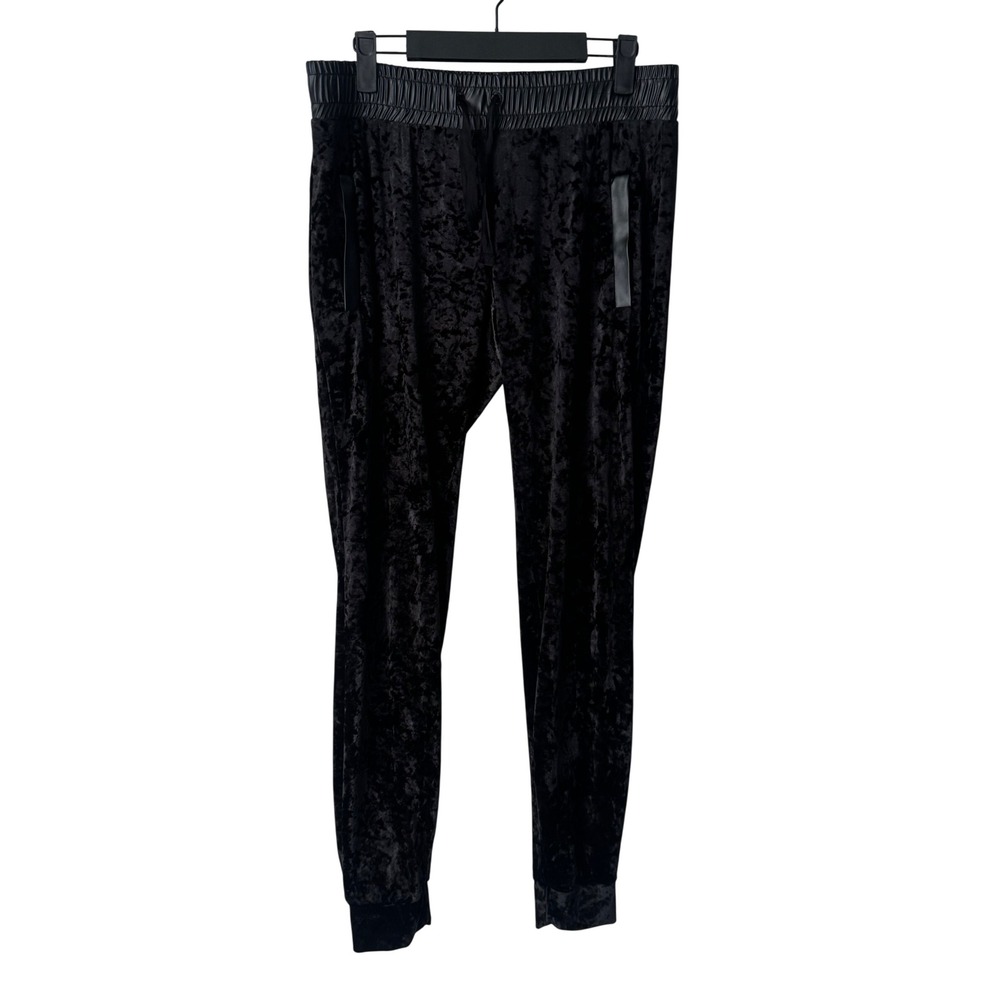 Juicy Couture Black Crushed Velvet Joggers Faux Leather Trim Small